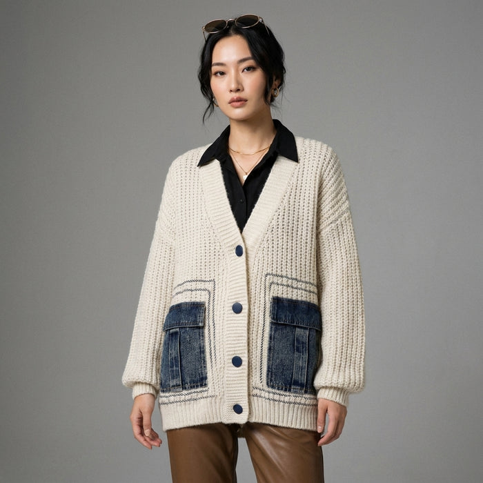 Cardigan ample tricoté col V gris clair - Koreanxwear - Taille One Size