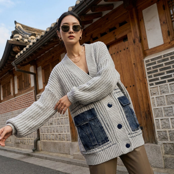 Cardigan ample tricoté col V gris clair - Koreanxwear