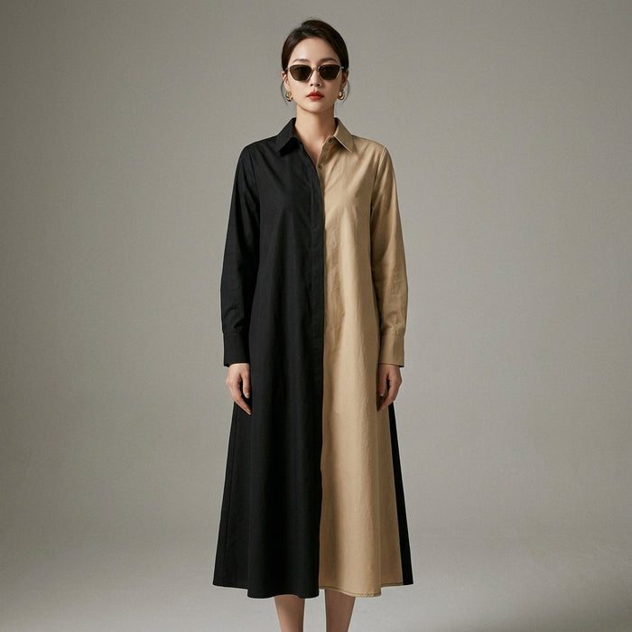 Robe chemise ample noire et jaune, col revers, manches longues - K-fashion femme - Taille One Size