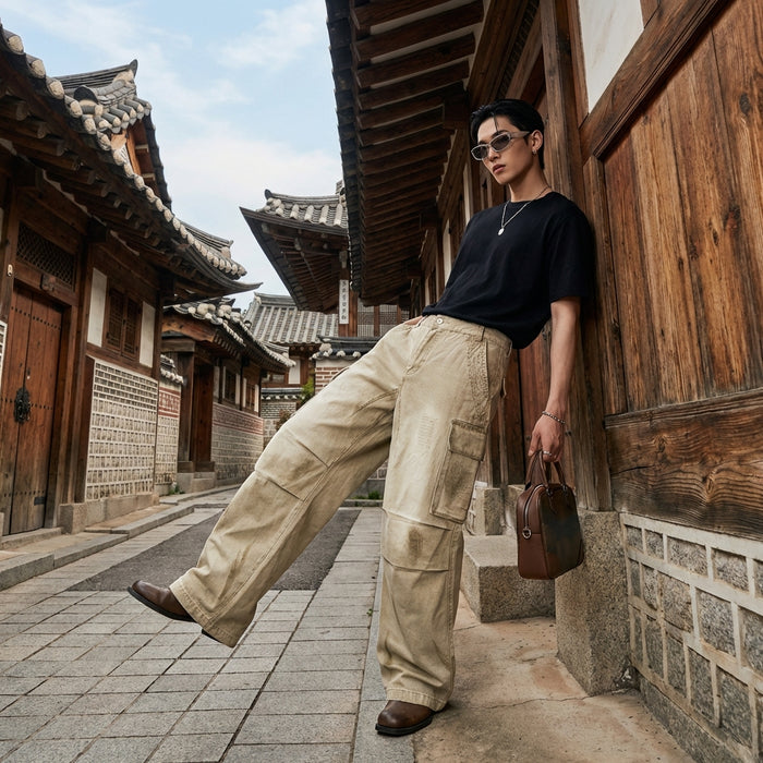 Pantalon cargo ample homme couleur kaki - Koreanxwear