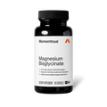 Front view of a Momentous Magnesium Bisglycinate supplement bottle. Black opaque bottle with black cap and white label featuring the Momentous logo and orange triangular "M" icon. Label reads: 'Magnesium Bisglycinate' with three benefit callouts — promotes deep restorative sleep, supports full body calm and relaxation, and highly bioavailable bisglycinate form. Bottom of label indicates: Dietary Supplement, 60 Capsules, and NSF Certified for Sport seal.