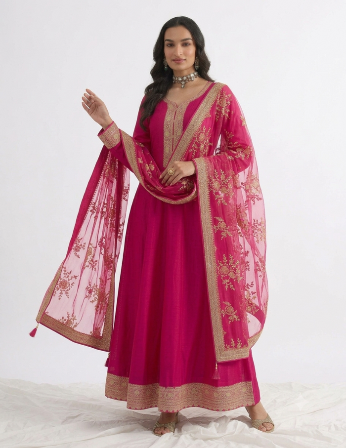 A woman modeling a bright pink traditional outfit with a matching sheer dupatta, featuring gold floral embroidery and border detailing, set against a plain white studio background.