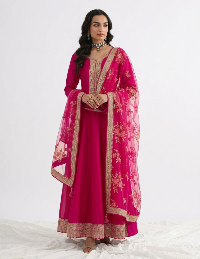 A woman modeling a traditional Indian outfit consisting of a bright magenta pink kurta with gold embroidery, matching trousers, and a sheer dupatta with floral gold embroidery and gold borders, set against a plain white studio background.