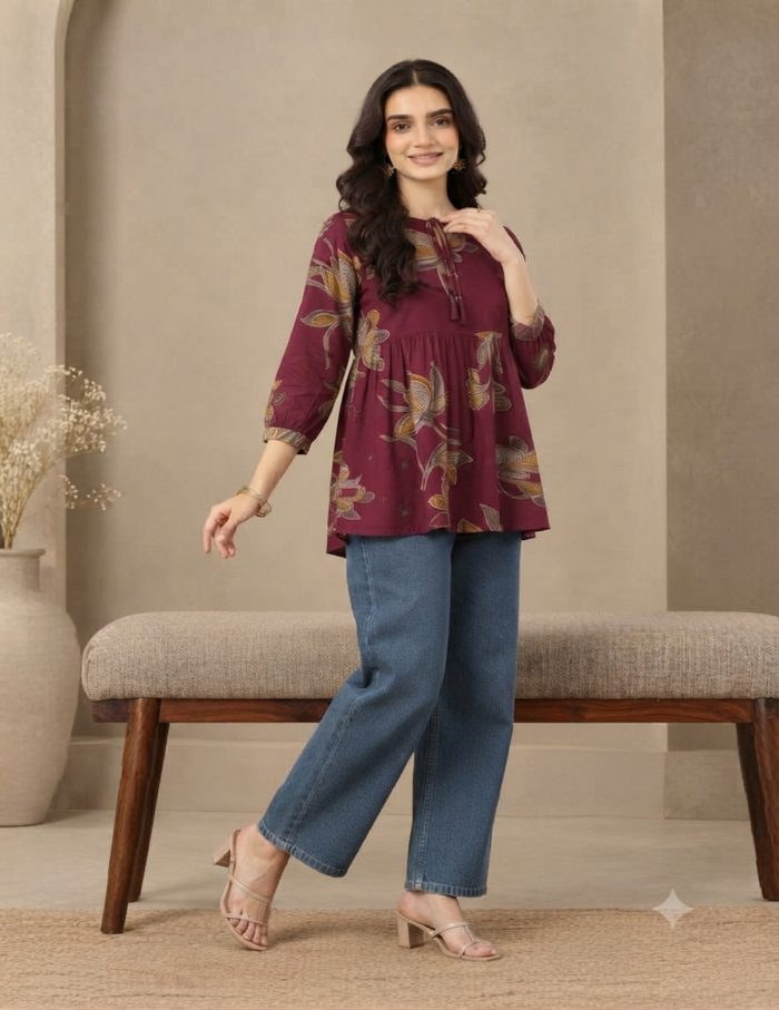 A woman models a three-quarter sleeve tunic top in deep maroon with a brown and gold floral pattern, paired with blue jeans and beige heeled sandals, standing in front of a neutral-toned bench.