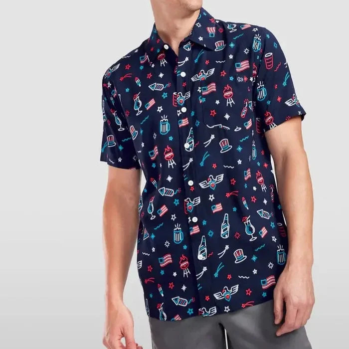 Men's S/S Lights and Liberty Button Down Hawaiian Shirt in Navy