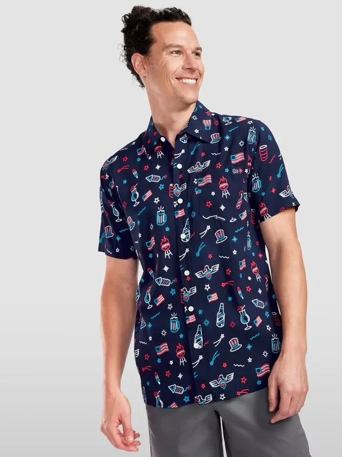 Men's S/S Lights and Liberty Button Down Hawaiian Shirt in Navy