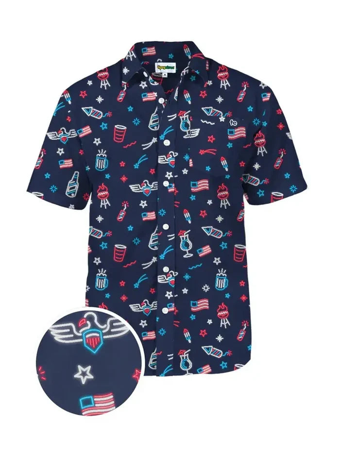 Men's S/S Lights and Liberty Button Down Hawaiian Shirt in Navy