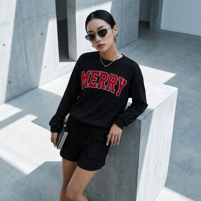 MERRY Round Neck Long Sleeve Top and Shorts Set - Koreanxwear