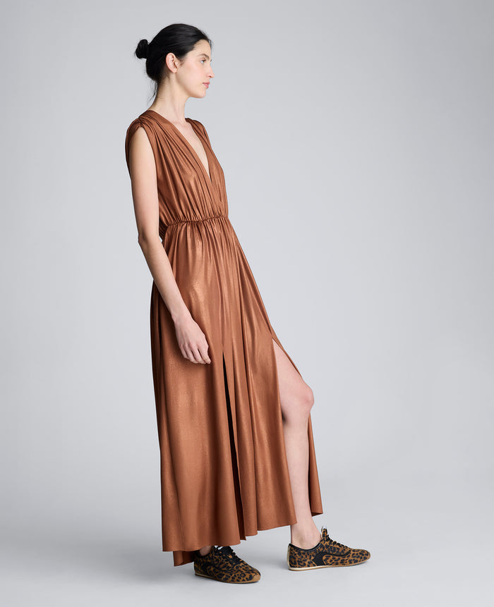 Metallic Knit Deep V-Neck Gathered Maxi Dress