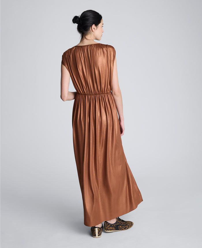 Metallic Knit Deep V-Neck Gathered Maxi Dress
