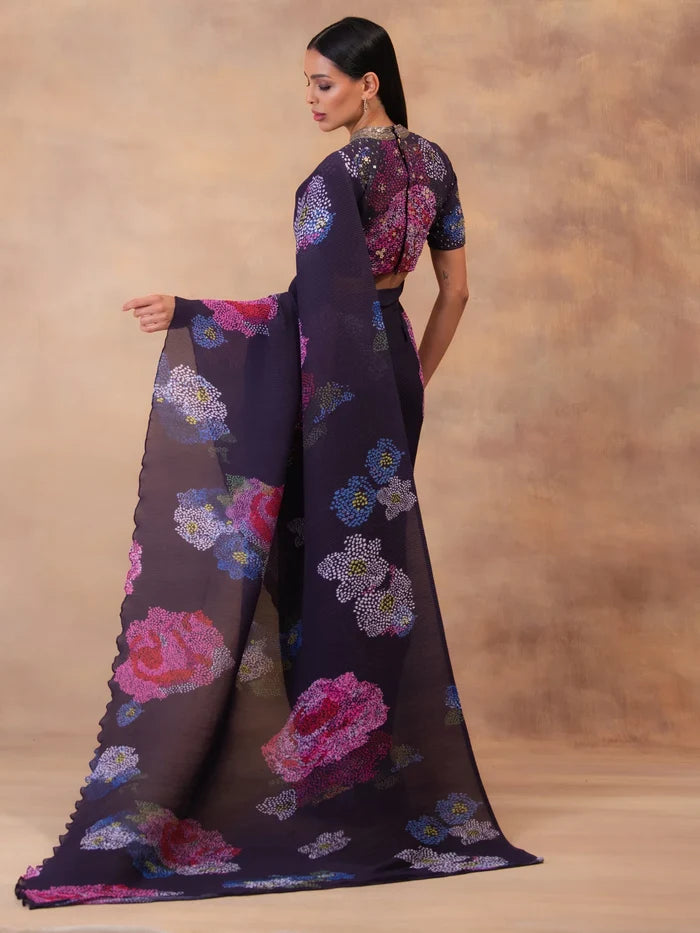 Designer Midnight Bloom pre-draped saree