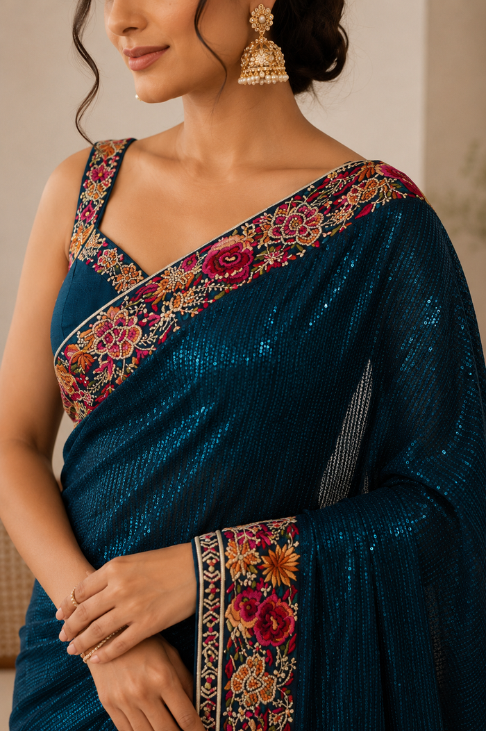 Midnight Teal Sequin Saree