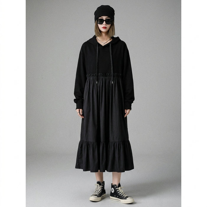 Robe longue à capuche noire en coton - Mode coréenne décontractée - Taille One Size