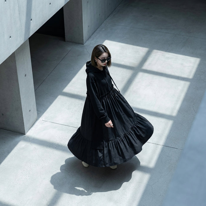 Robe longue à capuche noire en coton - Mode coréenne décontractée