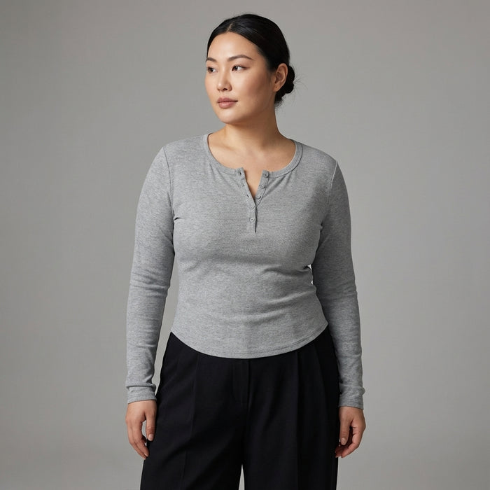 Top gris minimaliste col rond manches longues - Koreanxwear - Taille XL - Grande Taille