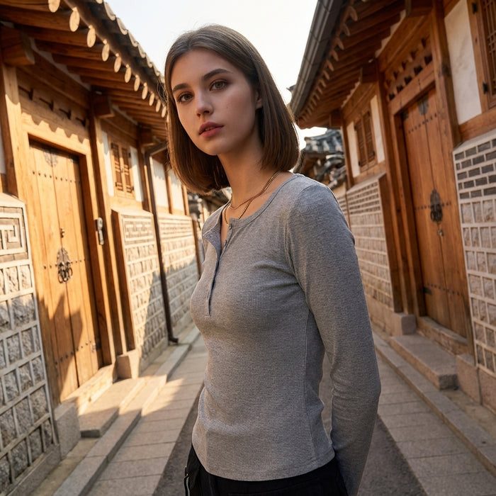 Top gris minimaliste col rond manches longues - Koreanxwear