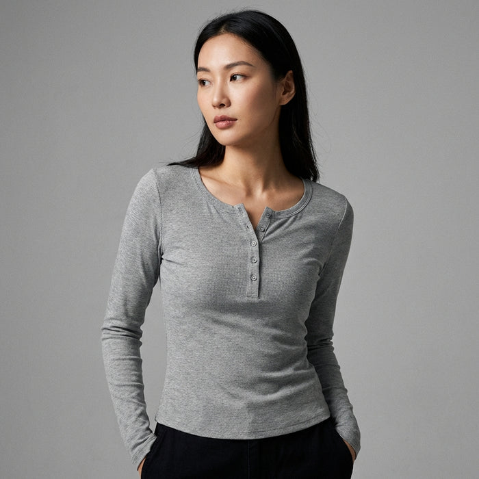Top gris minimaliste col rond manches longues - Koreanxwear