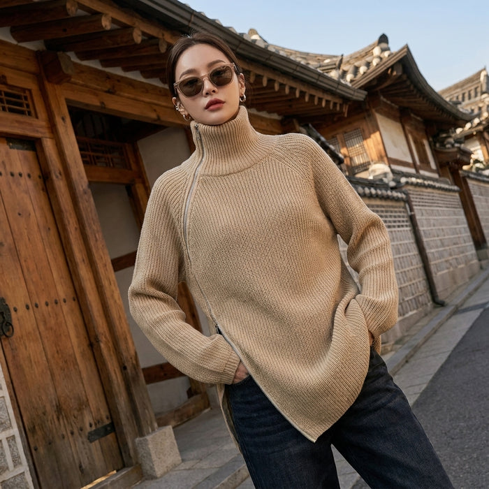 Cardigan zippé col roulé minimaliste - K-fashion Femme