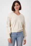 Monari 807831 Sandshell Cream V - Neck Reversible Jumper With Embellished Sleeves - Dotique - Monari