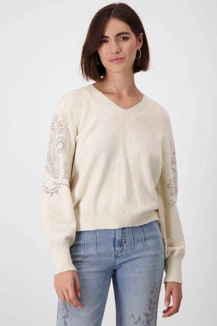 Monari 807831 Sandshell Cream V - Neck Reversible Jumper With Embellished Sleeves - Dotique - Monari