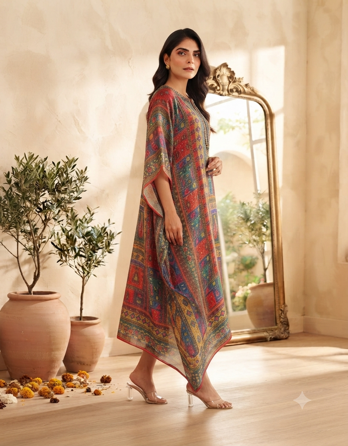 Model wearing a vibrant multi-color patterned kaftan dress in red, turquoise, and green with a matching background and decor.