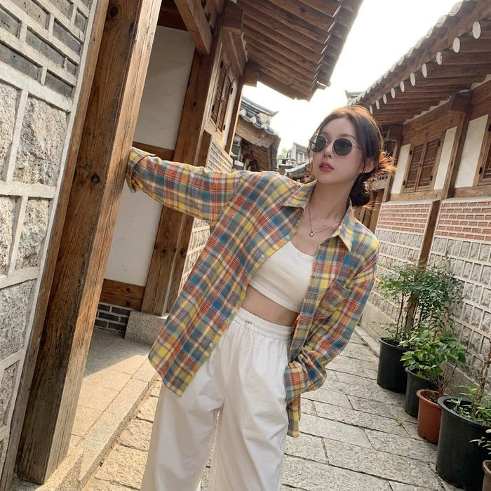 Surchemise à carreaux multicolore style K-fashion - Koreanxwear