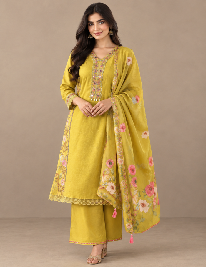A woman models a traditional Indian salwar kameez suit in mustard yellow, featuring a kurta with floral embroidery, matching wide-leg trousers, and a coordinating dupatta draped over her shoulder.