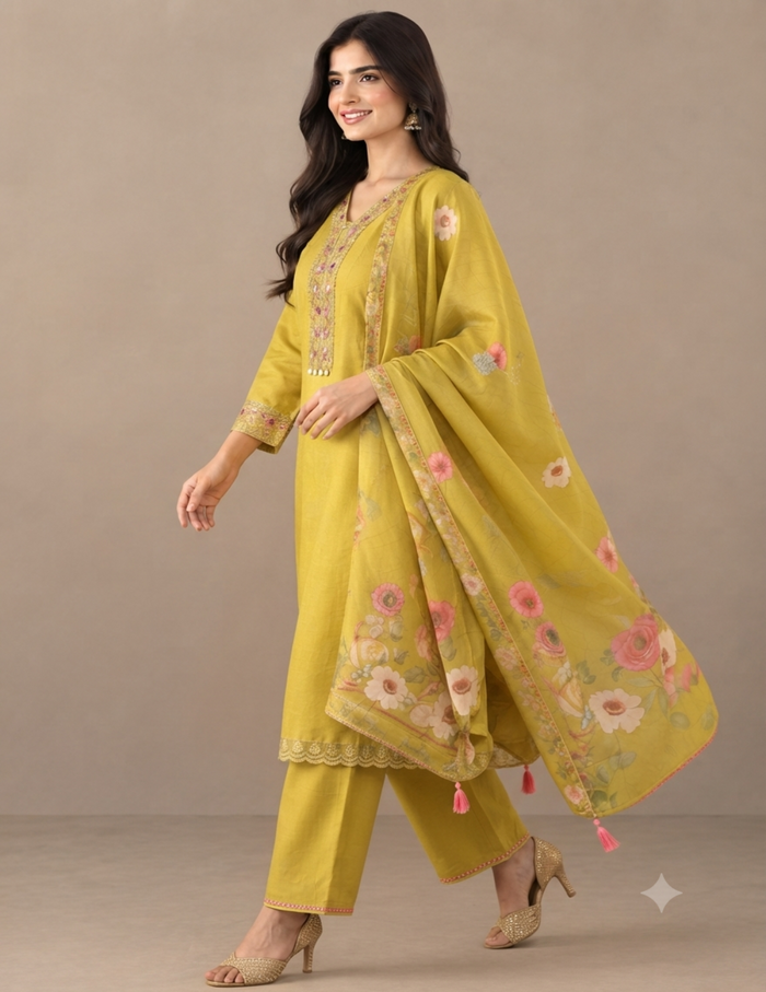 A woman models a three-piece mustard yellow ethnic suit set featuring a kurta with floral embroidery, matching trousers, and a sheer dupatta with pink and yellow floral prints, set against a plain beige studio background.
