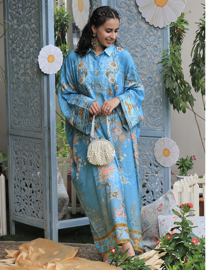 Nargis Blue Moroccan Satin Silk Festive Dress