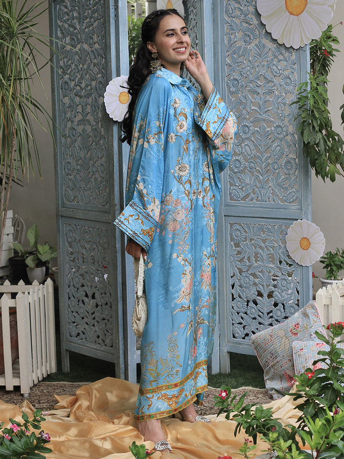 Nargis Blue Moroccan Satin Silk Festive Dress front view