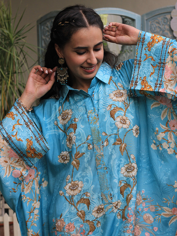 Nargis Blue Moroccan Satin Silk Dress detail
