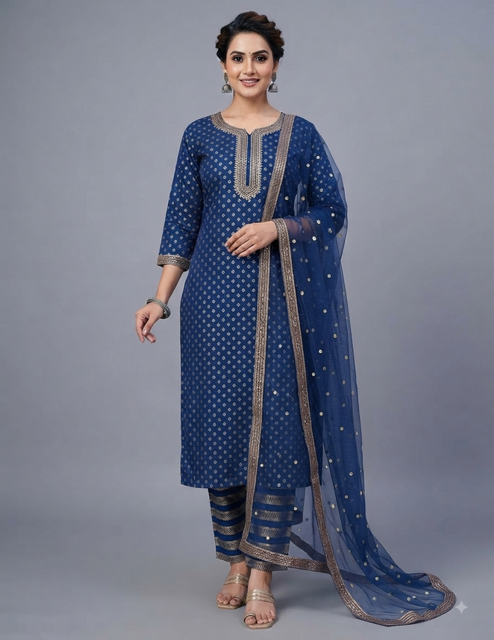 Model wearing a navy blue gold printed straight kurta set with striped pants and a sheer net dupatta.