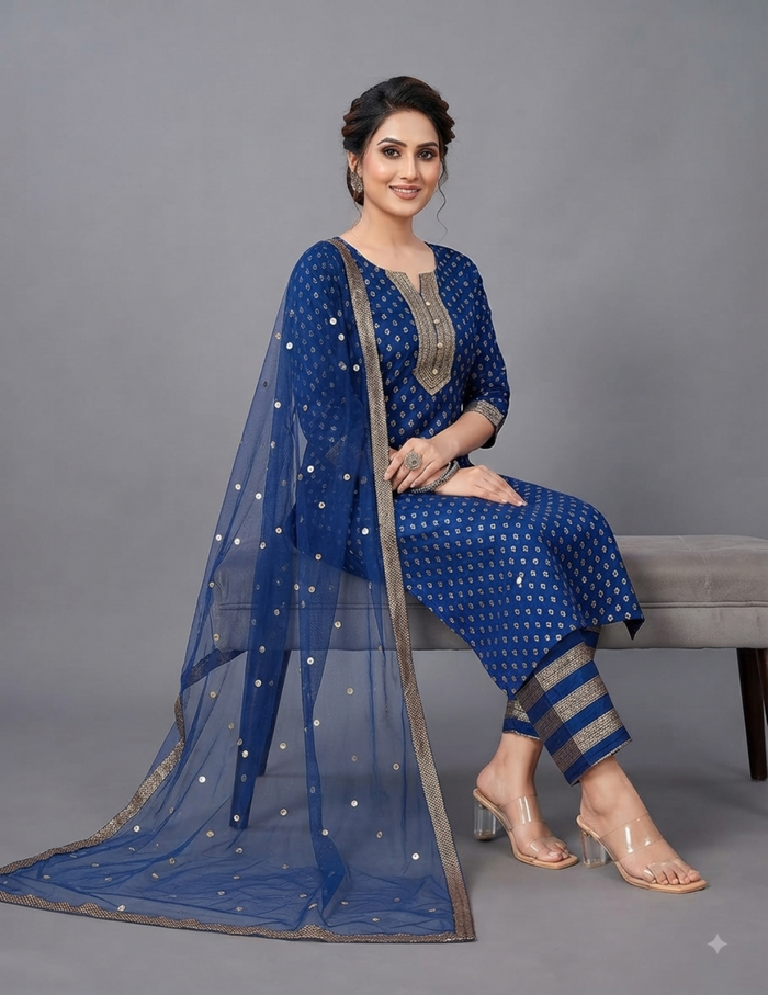 Model wearing a navy blue gold printed straight kurta set with striped pants and a sheer net dupatta.