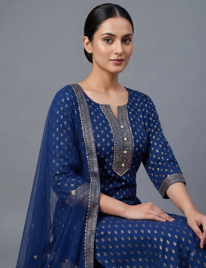 Model wearing a navy blue gold printed straight kurta set with striped pants and a sheer net dupatta.