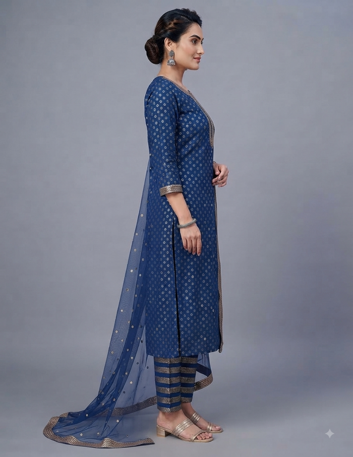 Model wearing a navy blue gold printed straight kurta set with striped pants and a sheer net dupatta.