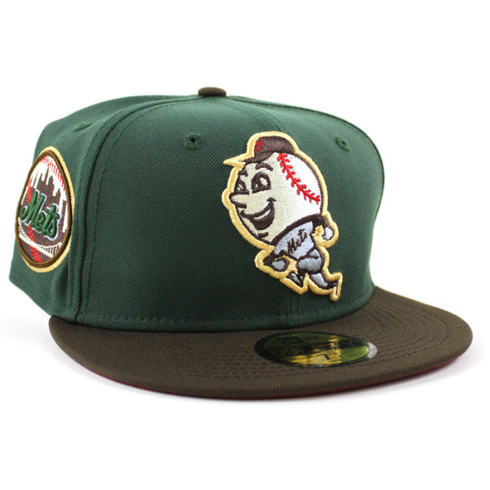 New York Mets Skyline inside Ball New Era 59Fifty Fitted Hat (MOUNTAIN PINE GREEN WALNUT PINOT RED Under Brim)