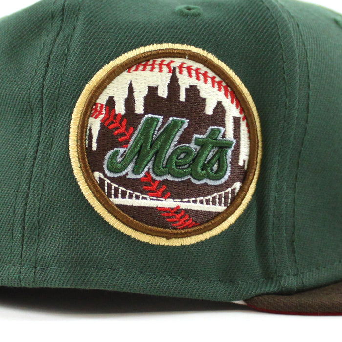 New York Mets Skyline inside Ball New Era 59Fifty Fitted Hat (MOUNTAIN PINE GREEN WALNUT PINOT RED Under Brim)