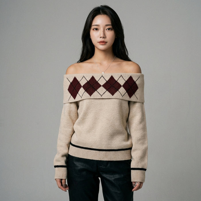 Pull jacquard ample épaule dénudée motif losange K-fashion femme - Koreanxwear - Taille S