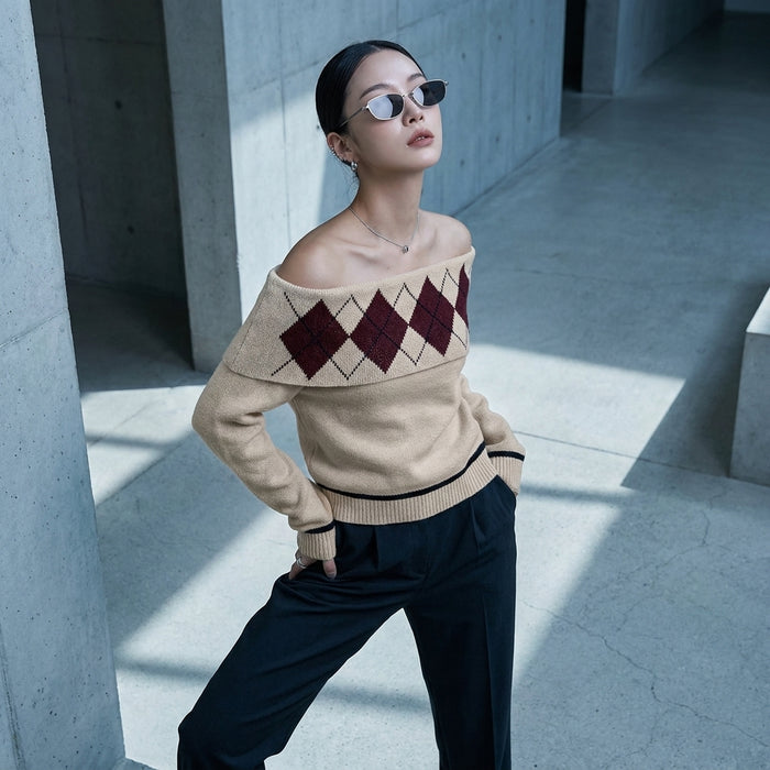 Pull jacquard ample épaule dénudée motif losange K-fashion femme - Koreanxwear