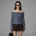 Chemise à carreaux bleue épaule dénudée - Mode coréenne femme - Taille S