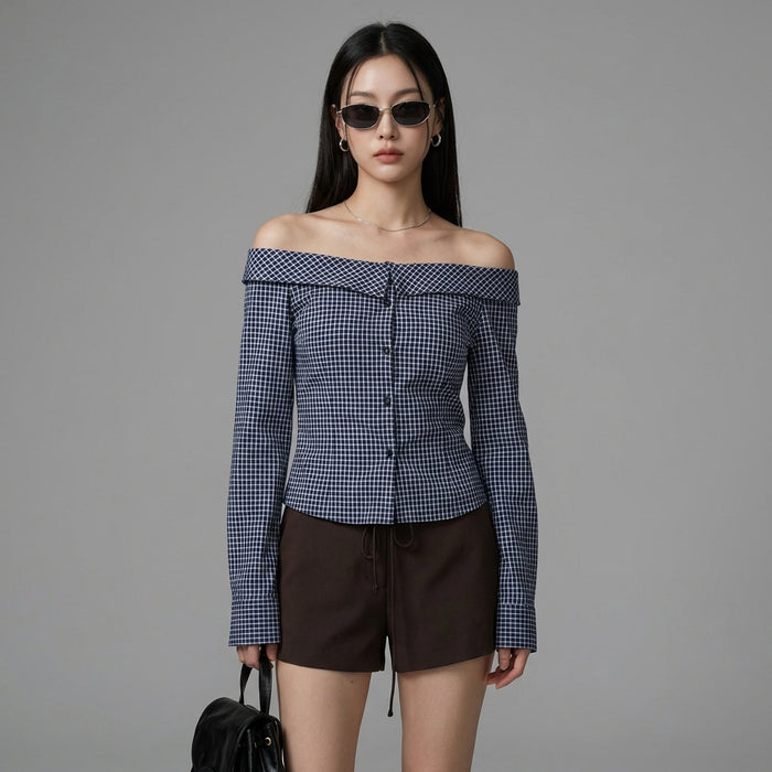 Chemise à carreaux bleue épaule dénudée - Mode coréenne femme - Taille S