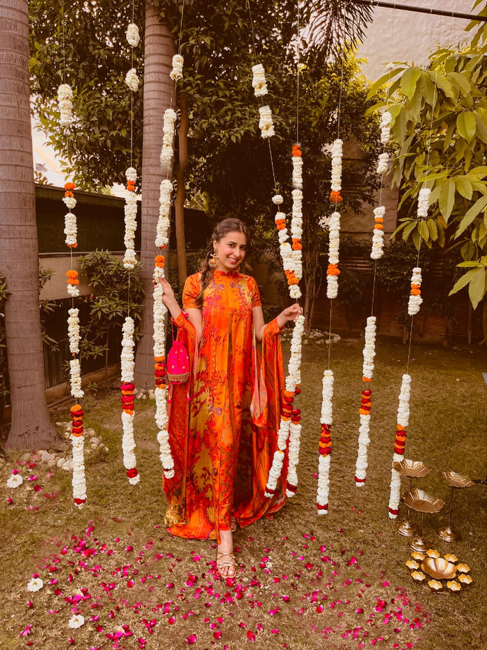 Designer orange Moroccan silk dress