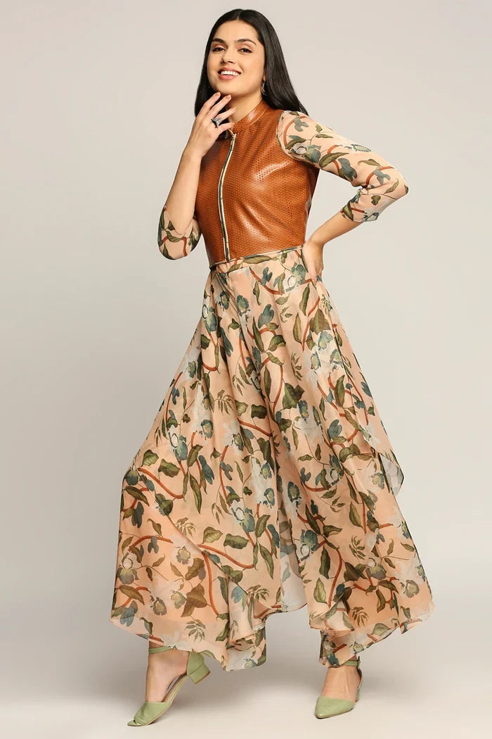 Orchid Bloom Jumpsuit With Leather Jacket