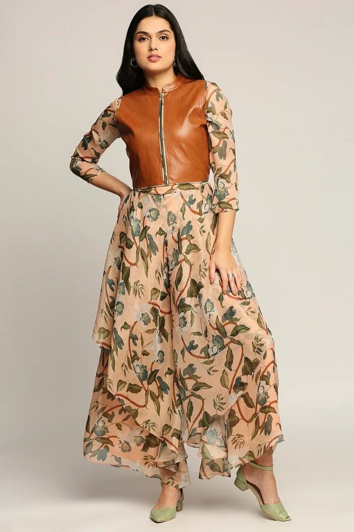 Orchid Bloom Jumpsuit With Leather Jacket