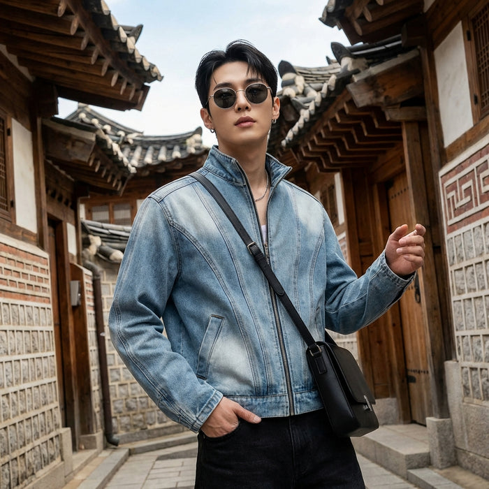 Veste denim oversize bleue déchirée streetwear - Koreanxwear