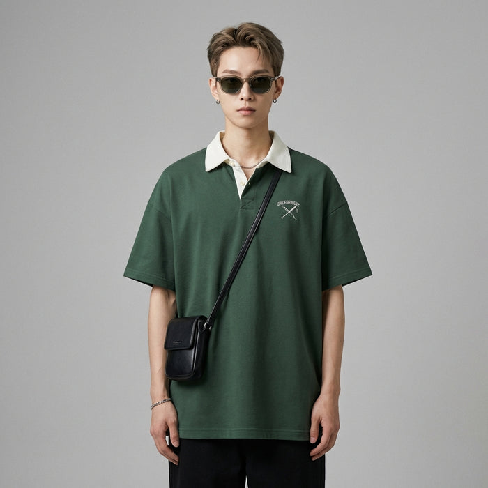 Polo oversize bicolore vert et gris avec col brodé. Style streetwear K-fashion. - Taille M
