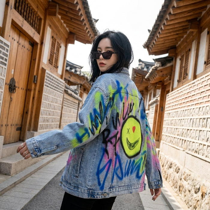 Veste en jean oversize à motifs graffiti - Koreanxwear