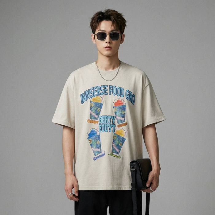 T-shirt oversize en coton imprimé glace, style streetwear décontracté pour l'été. - Taille M