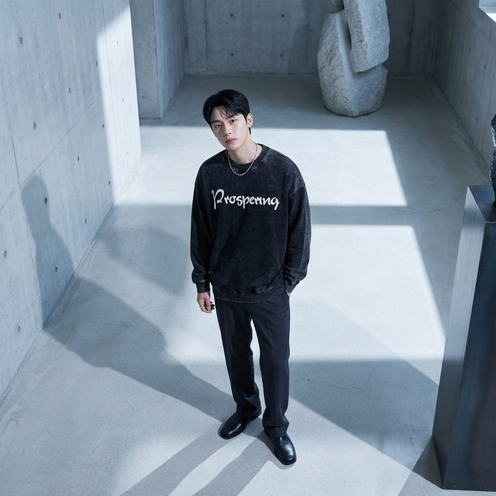 Sweat oversize gris délavé imprimé lettres - Mode Coréenne Homme