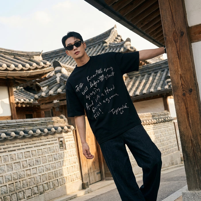 T-Shirt Oversize noir homme imprimé lettres - Koreanxwear